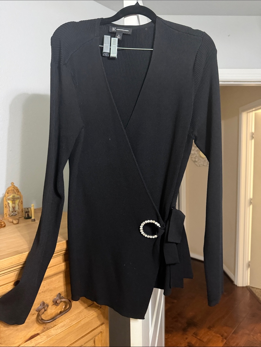 INC International Concepts Black Ribbed Wrap Top with Pearl Buckle